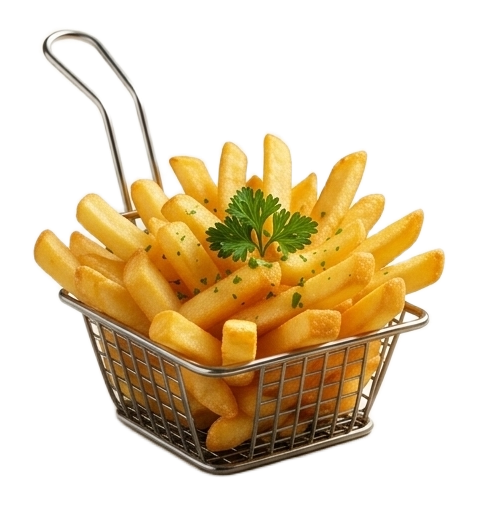 Crispy fries in metal basket